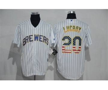 Men's Milwaukee Brewers #20 Jonathan Lucroy White USA Flag Fashion MLB Jersey