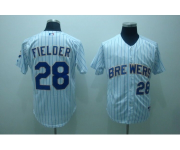 mlb milwaukee brewers #28 fielder  white(blue strip)