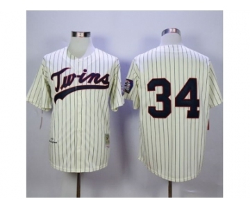 Mitchell And Ness Minnesota Twins #34 Kirby Puckett Cream Strip Throwback Stitched MLB Jersey