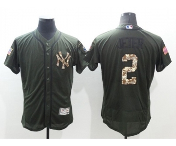 Men New York Yankees #2 Derek Jeter Majestic Green Salute to Service Flexbase Authentic Collection Jersey