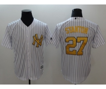 Men New York Yankees #27 Giancarlo Stanton White Gold No. New Cool Base Stitched MLB Jersey