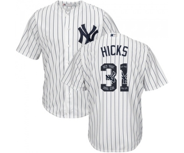 Men's Majestic New York Yankees #31 Aaron Hicks Authentic White Team Logo Fashion MLB Jersey