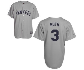 Men's Mitchell and Ness New York Yankees #3 Babe Ruth Replica Grey Throwback MLB Jersey