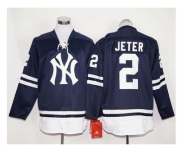 New York Yankees #2 Derek Jeter Navy Blue Long Sleeve Stitched MLB Jersey