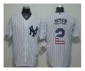 New York Yankees #2 Derek Jeter White Strip USA Flag Fashion Stitched Baseball Jersey