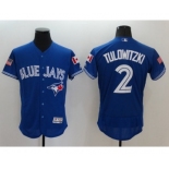 Men's Toronto Blue Jays #2 Troy Tulowitzki Majestic Blue Fashion Stars & Stripes Flex Base Player Jersey