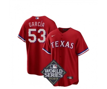 Men Texas Rangers #53 Adolis Garcia Red Cool Base 2023 World Series Splite Stitched Baseball Jersey