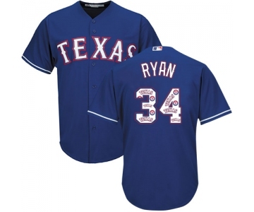 Men's Majestic Texas Rangers #34 Nolan Ryan Authentic Royal Blue Team Logo Fashion Cool Base MLB Jersey