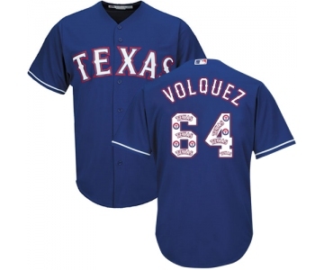 Men's Majestic Texas Rangers #64 Edinson Volquez Authentic Royal Blue Team Logo Fashion Cool Base MLB Jersey