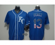 Men Kansas City Royals #13 Salvador Perez Blue USA Flag Fashion Cool Base Jersey