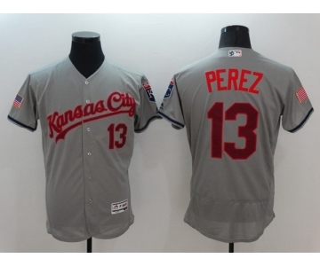 Men Kansas City Royals #13 Salvador Perez Gray Stars & Stripes 2016 Independence Day Flex Base Jersey