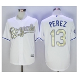 Men Kansas City Royals #13 Salvador Perez Majestic White World Series Champions Gold Program Cool Base Player Jersey