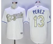 Men Kansas City Royals #13 Salvador Perez Majestic White World Series Champions Gold Program Cool Base Player Jersey