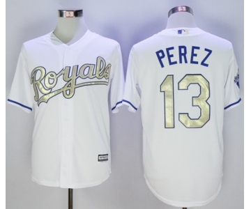 Men Kansas City Royals #13 Salvador Perez Majestic White World Series Champions Gold Program Cool Base Player Jersey