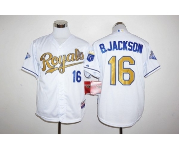 Men Kansas City Royals #16 Bo Jackson Majestic White World Series Champions Gold Program FlexBase Player Jersey