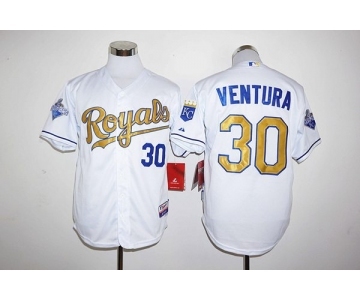 Men Kansas City Royals #30 Yordano Ventura Majestic White World Series Champions Gold Program FlexBase Player Jersey