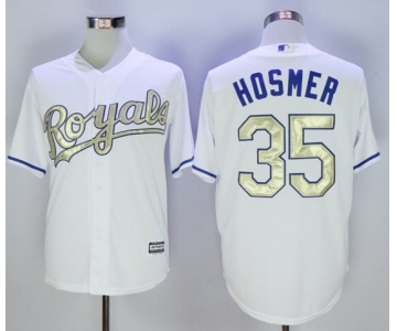 Men Kansas City Royals #35 Eric Hosmer Majestic White 2015 World Series Champions Gold Program Cool Base Jersey