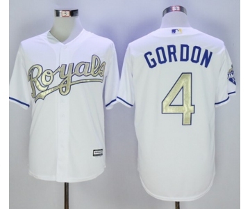 Men Kansas City Royals #4 Alex Gordon Majestic White World Series Champions Gold Program Cool Base Player Jersey