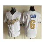 Men Kansas City Royals #6 Lorenzo Cain Majestic White 2015 World Series Champions Gold Program Cool Base Jersey