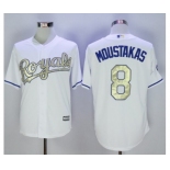 Men Kansas City Royals #8 Mike Moustakas Majestic White World Series Champions Gold Program Cool Base Player Jersey