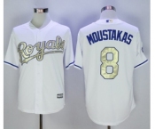 Men Kansas City Royals #8 Mike Moustakas Majestic White World Series Champions Gold Program Cool Base Player Jersey