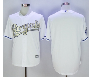 Men Kansas City Royals Blank Majestic White 2015 World Series Champions Gold Program Cool Base Jersey