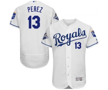 Men's Kansas City Royals #13 Salvador Perez Majestic White FlexBase Player Jersey with World Series Commemorative Patch