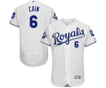 Men's Kansas City Royals #6 Lorenzo Cain Majestic White FlexBase Player Jersey with World Series Commemorative Patch