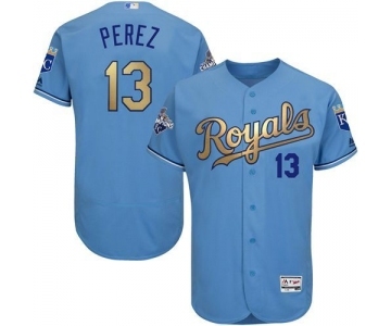 Men's Majestic Kansas City Royals #13 Salvador Perez Authentic Light Blue 2015 World Series Champions Gold Program FlexBase MLB Jersey