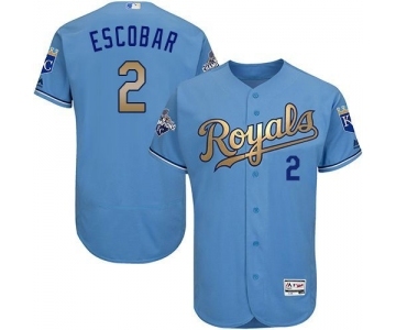 Men's Majestic Kansas City Royals #2 Alcides Escobar Authentic Light Blue 2015 World Series Champions Gold Program FlexBase MLB Jersey