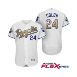 Men's Majestic Kansas City Royals #24 Christian Colon Authentic White 2015 World Series Champions Gold Program FlexBase MLB Jersey