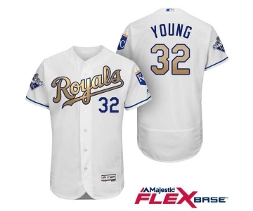 Men's Majestic Kansas City Royals #32 Chris Young Authentic White 2015 World Series Champions Gold Program FlexBase MLB Jersey