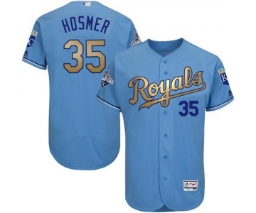 Men's Majestic Kansas City Royals #35 Eric Hosmer Authentic Light Blue 2015 World Series Champions Gold Program FlexBase MLB Jersey