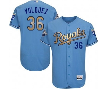 Men's Majestic Kansas City Royals #36 Edinson Volquez Authentic Light Blue 2015 World Series Champions Gold Program FlexBase MLB Jersey