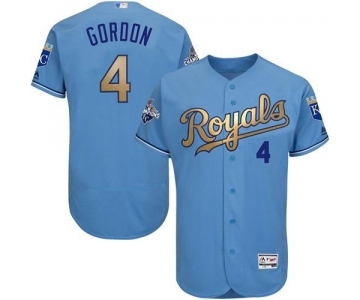 Men's Majestic Kansas City Royals #4 Alex Gordon Authentic Light Blue 2015 World Series Champions Gold Program FlexBase MLB Jersey