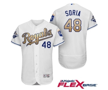 Men's Majestic Kansas City Royals #48 Joakim Soria Authentic White 2015 World Series Champions Gold Program FlexBase MLB Jersey