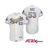 Men's Majestic Kansas City Royals #53 Dillon Gee Authentic White 2015 World Series Champions Gold Program FlexBase MLB Jersey