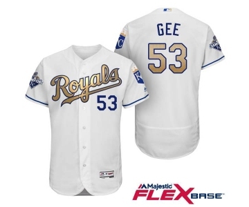 Men's Majestic Kansas City Royals #53 Dillon Gee Authentic White 2015 World Series Champions Gold Program FlexBase MLB Jersey