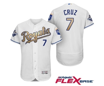 Men's Majestic Kansas City Royals #7 Tony Cruz Authentic White 2015 World Series Champions Gold Program FlexBase MLB Jersey