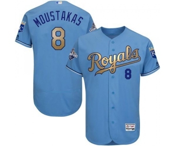 Men's Majestic Kansas City Royals #8 Mike Moustakas Authentic Light Blue 2015 World Series Champions Gold Program FlexBase MLB Jersey