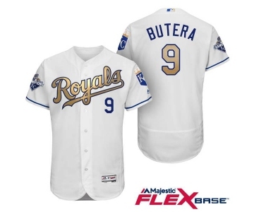 Men's Majestic Kansas City Royals #9 Drew Butera Authentic White 2015 World Series Champions Gold Program FlexBase MLB Jersey