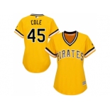 Women's Pittsburgh Pirates #45 Gerrit Cole Gold Alternate Stitched MLB Jersey