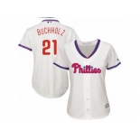 Women Majestic Philadelphia Phillies #21 Clay Buchholz Authentic Cream Alternate Cool Base MLB Jersey