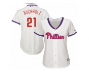 Women Majestic Philadelphia Phillies #21 Clay Buchholz Replica Cream Alternate Cool Base MLB Jersey