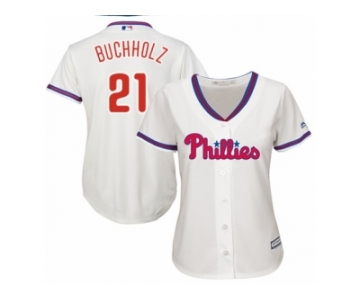 Women Majestic Philadelphia Phillies #21 Clay Buchholz Replica Cream Alternate Cool Base MLB Jersey