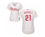 Women Majestic Philadelphia Phillies #21 Clay Buchholz Replica White Red Strip Home Cool Base MLB Jersey