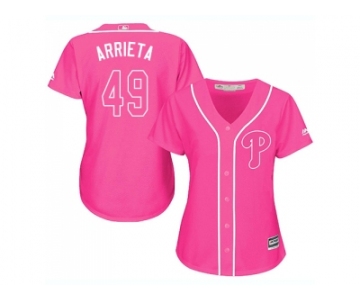 Women Philadelphia Phillies #49 Jake Arrieta Pink Fashion Stitched MLB Jersey