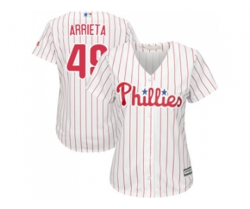 Women Philadelphia Phillies #49 Jake Arrieta White(Red Strip) Home Stitched MLB Jersey