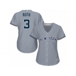 Women Majestic New York Yankees #3 Babe Ruth Authentic Grey Road MLB Jersey