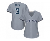 Women Majestic New York Yankees #3 Babe Ruth Authentic Grey Road MLB Jersey